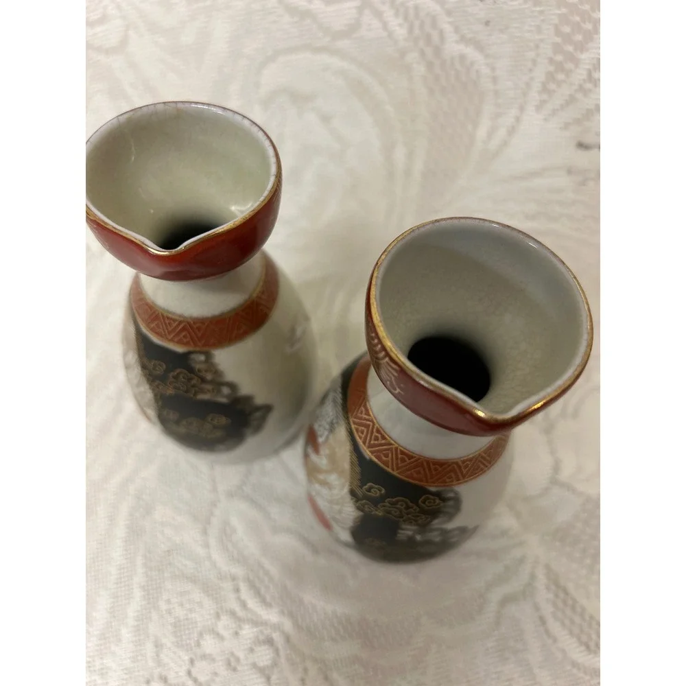 Vintage Japanese Kutani Sake Bottle Set Dragon Moriage Crackle Glaze Red Gold 5